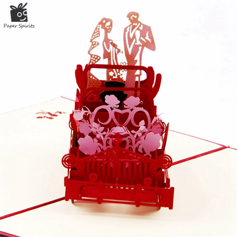 

Red 3D Wedding Carriage with Lovers Personalized Handmade 3D Greeting Cards POP UP Cards Invitation cards