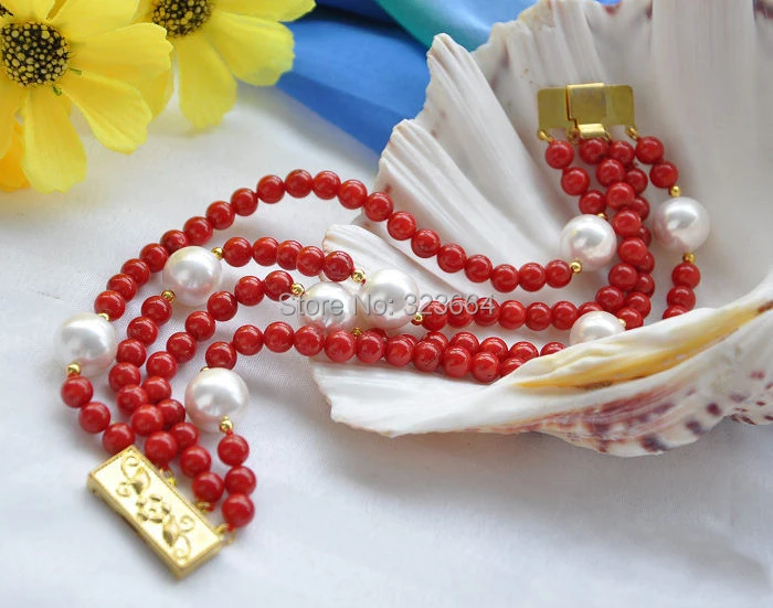 Круглый жемчужный браслет 4 ряда 8 дюймов 6 мм красный коралл 12 мм|round bracelet|d braceletbracelet bracelet |