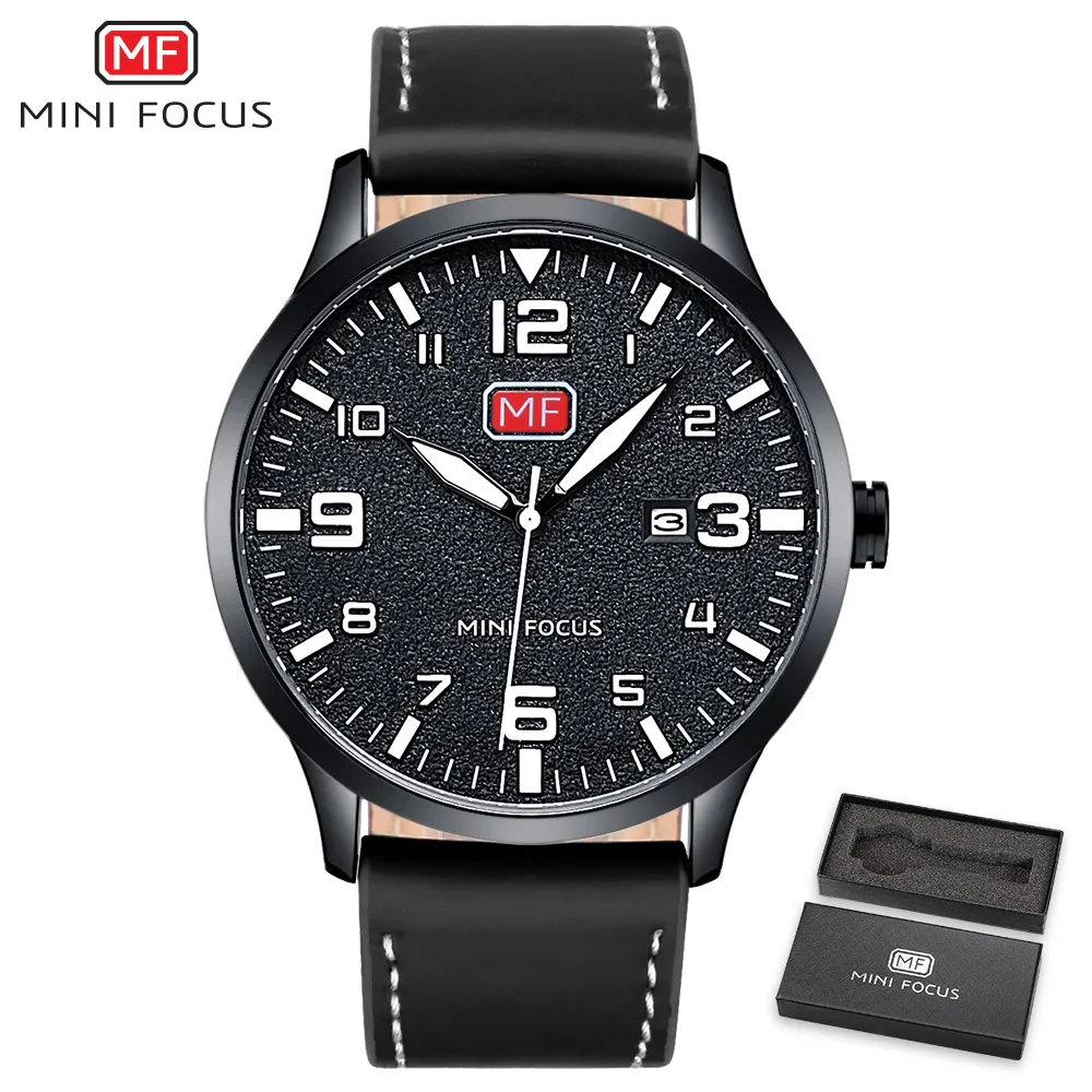black watch Minifocus Элитный бренд Для мужчин наручные кварцевые наручные часы Для мужчин Водонепроницаемый коричневый кожаный ремешок Мода часы Relógio Masculino - Цвет: black watch