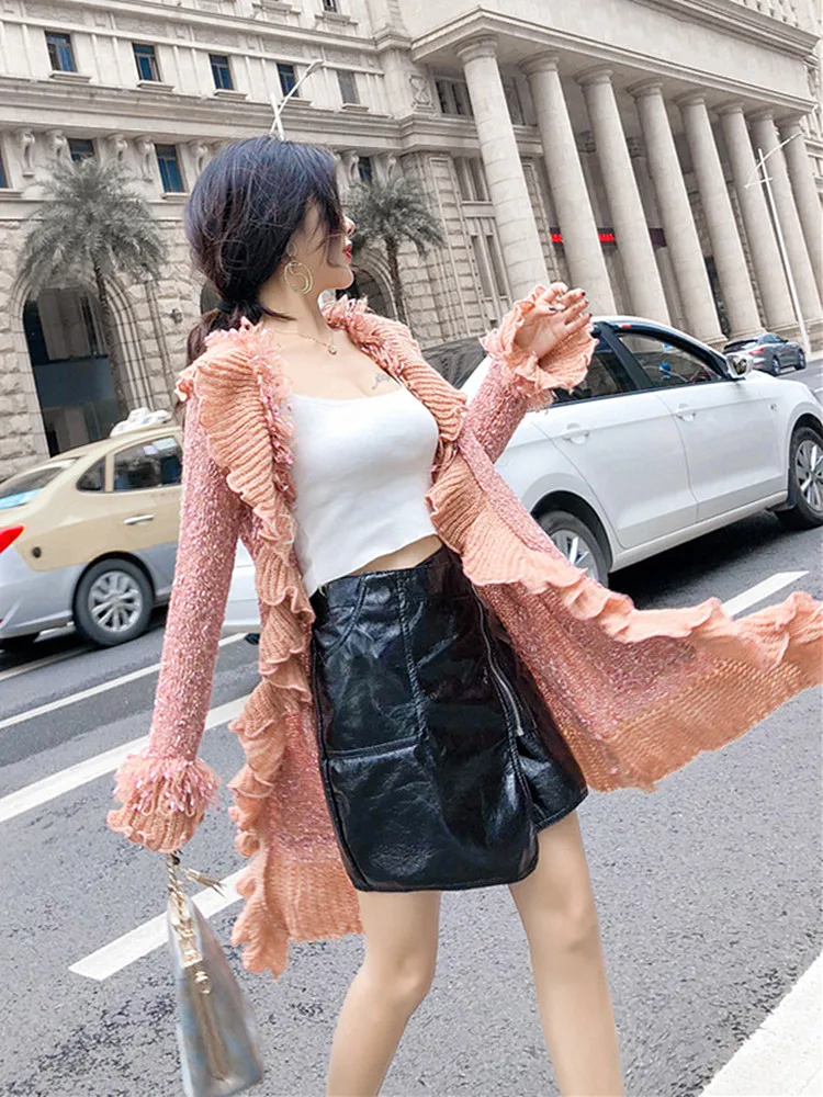 Fashion Knit Cardigan Sweater Women's 2018 Autumn Winter New V-Neck Long Ruffled Sleeve Slim Coat Single Breasted |