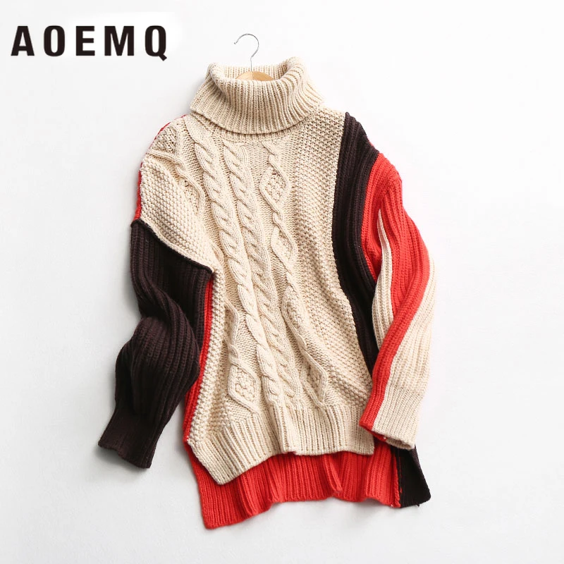 AOEMQ Sweater Keep Warm Winter Clothing Turtleneck Pullovers Magic Patchwork Plus Size for Women | Женская одежда