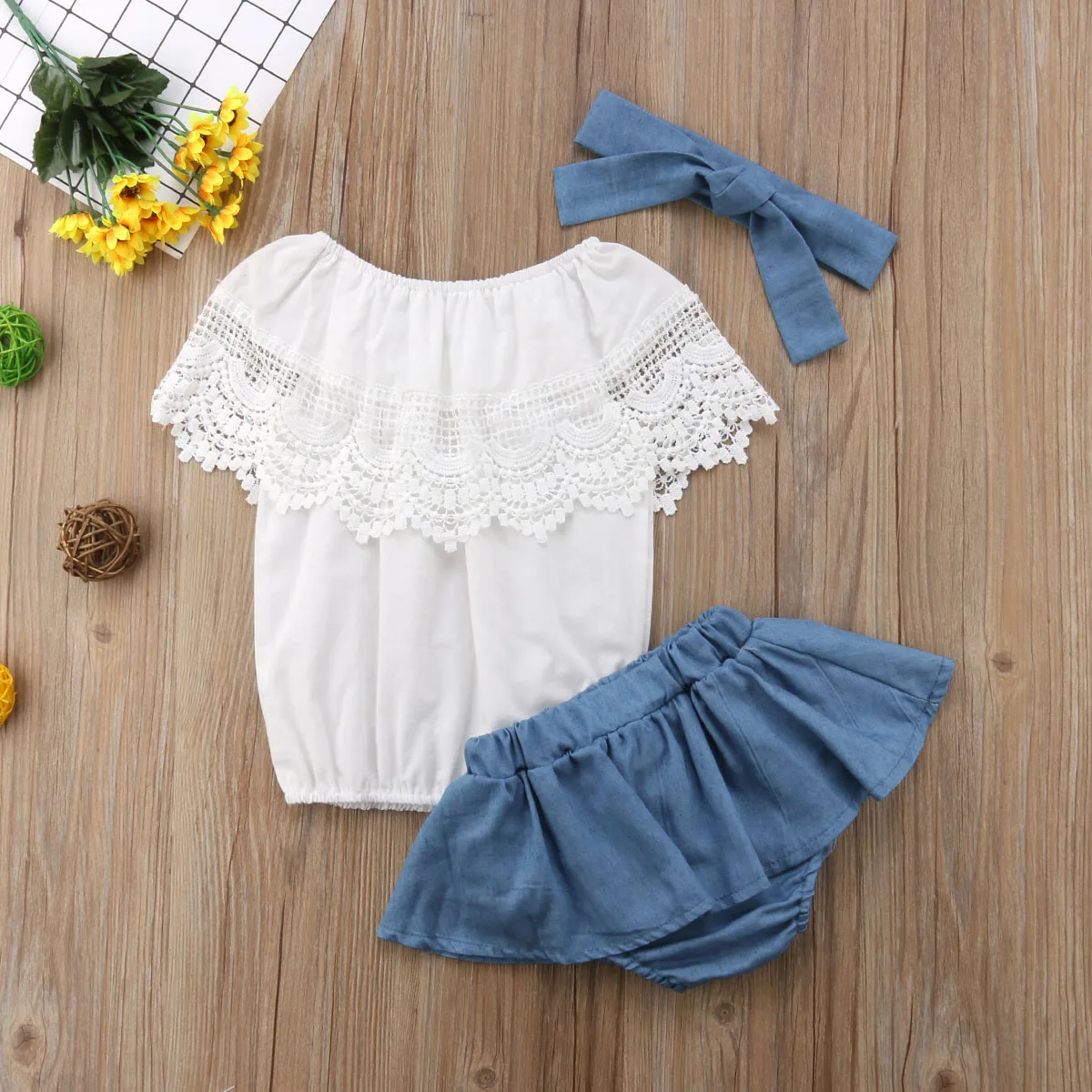 Комплект из 3 предметов Милая Кружевная футболка без рукавов для новорожденных