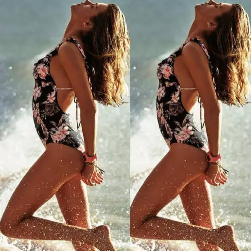 Цельный женский цветочный купальник с открытой спиной и бюстгальтером пуш-ап |