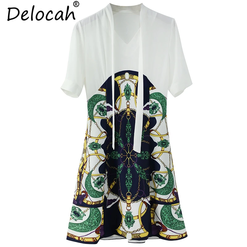 Delocah/Новинка, модный Дизайнерский Костюм, летнее платье, женское платье с коротким рукавом и бантом, с геометрическим принтом, элегантное тонкое мини-платье трапециевидной формы