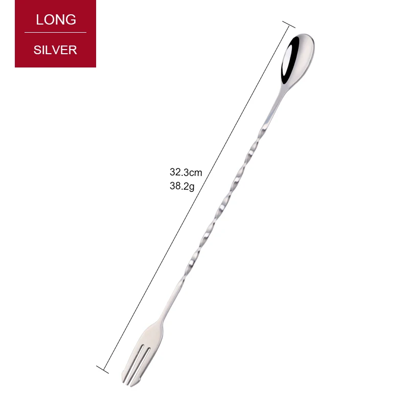 Silver Long-1 Коктейльные барные ложки, модная барная ложка из нержавеющей стали с вилкой, Длинные витые ложки, вилки, инструменты для перемешивания льда и вина - Цвет: Silver Long-1