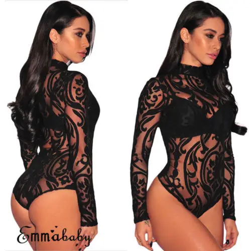 Женское эластичное боди с длинным рукавом кружевное прозрачное трико высоким