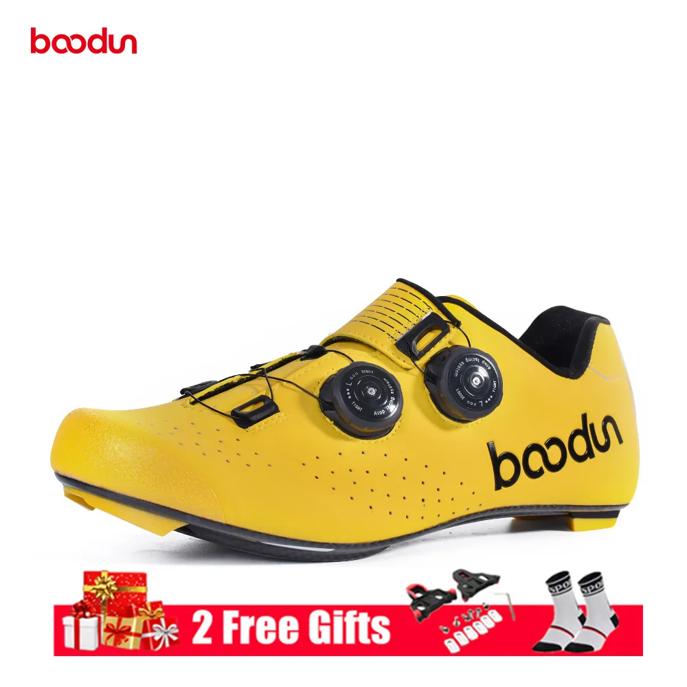 Yellow Road Shoes Мужские велосипедные кроссовки Boodun, обувь для шоссейного велосипеда с подошвой из углеродного волокна, дышащие, самозакрывающиеся, обувь для гоночного велосипеда, велосипедные шипы - Цвет: Yellow Road Shoes