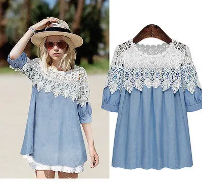 Женские джинсовые кружевные блузки с коротким рукавом повседневные рубашки