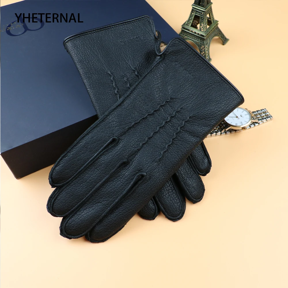 2018 Genuine Leather Men Gloves Fashion Casual Business Deerskin Glove Touch Screen Winter Leather Gloves Thermal Plush Lining