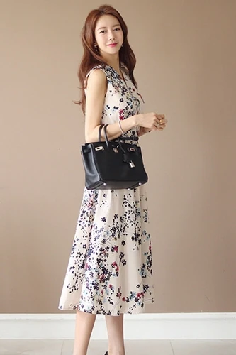 

2019 Korean Elegant Vintage Dress Women V-neck Sleeveless Printing Fashion Floral Sun Dress Office Runway Dresses Casual Summer