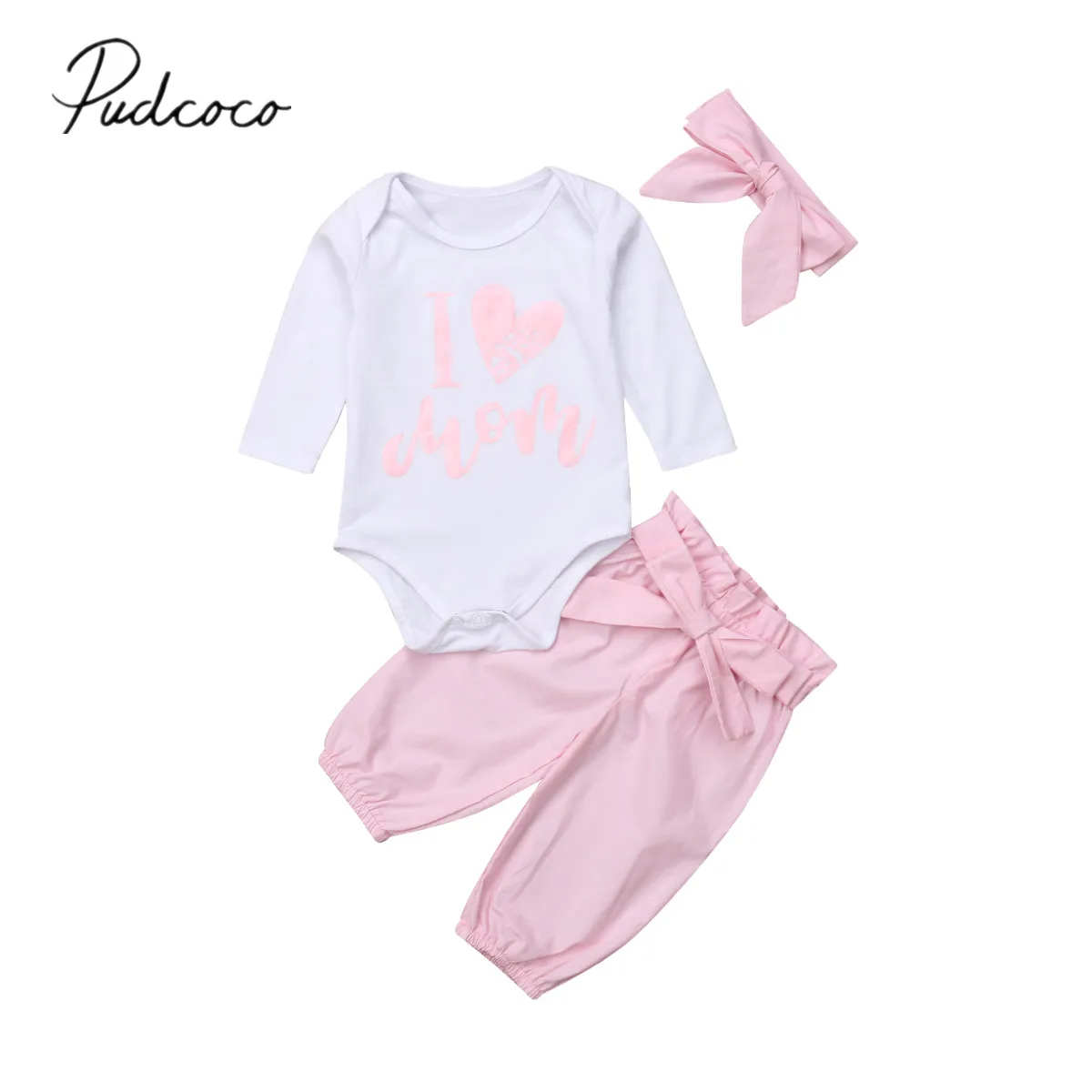 2018 Brand New Newborn Infant Baby Girls Boys Autumn Clothes 3PCS Love Mom Heart Long Sleeve Romper Tops+Pink Bow Pants+Headband | Детская