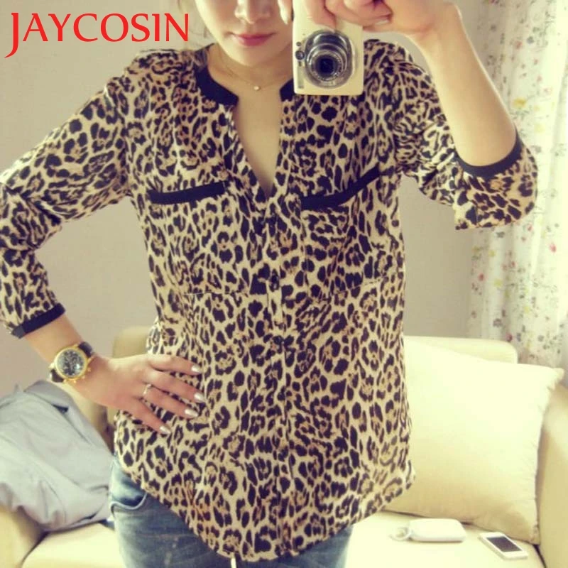 JAYCOSIN Новая модная женская шифоновая рубашка с леопардовым принтом длинным