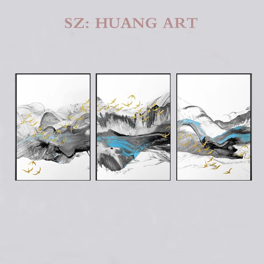 

Hand-painted modern style oil painting for living room Landscape wall decoration 3p High-quality creation of blue abstractions