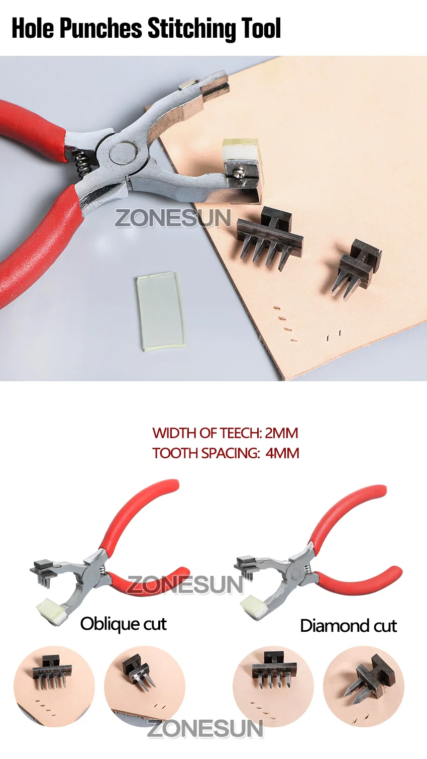 ZONESUN ручной инструмент для шитья кожи 2 мм 4 мм пробивая немой плоскогубцы