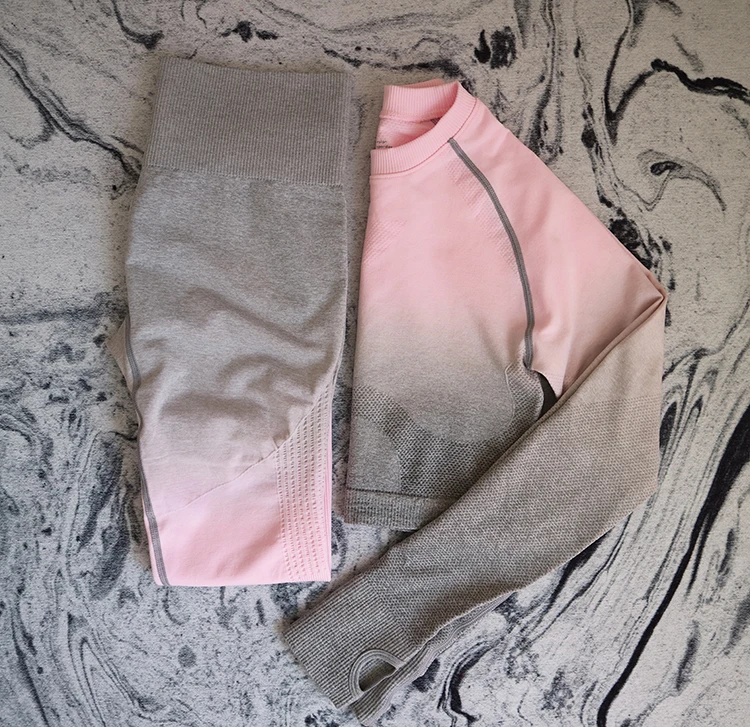 Light Grey Pink Suit Комплект из 2 предметов для йоги, женский укороченный Топ с длинным рукавом и с высокой талией, спортивные Леггинсы, одежда для спортзала, бесшовный спортивный костюм с эффектом омбре - Цвет: Light Grey Pink Suit