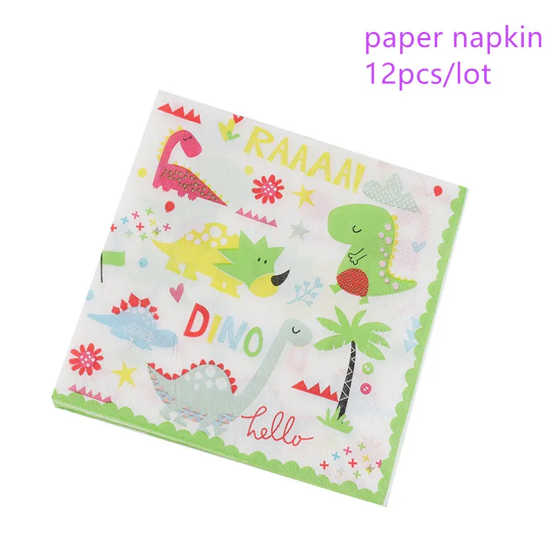 12pcs D napkin Вечерние столовые приборы с рисунком динозавра для дня рождения, украшения для детей и взрослых, бумажные тарелки, чашки, скатерть, воздушные шары, соломенные вечерние принадлежности - Цвет: 12pcs D napkin
