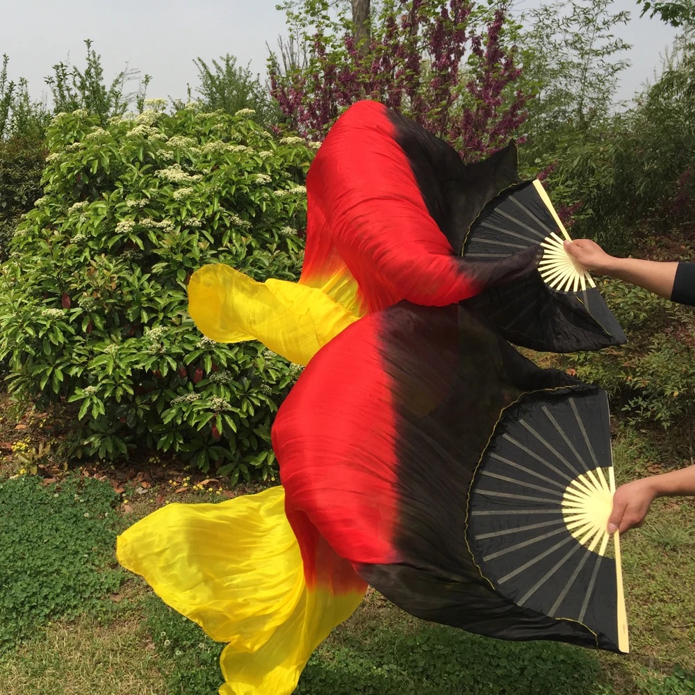Women Black Red Yellow Gradient 100% Real Silk Belly Dance Fan 1.8m 1pair(L+R) New Arriva | Тематическая одежда и униформа