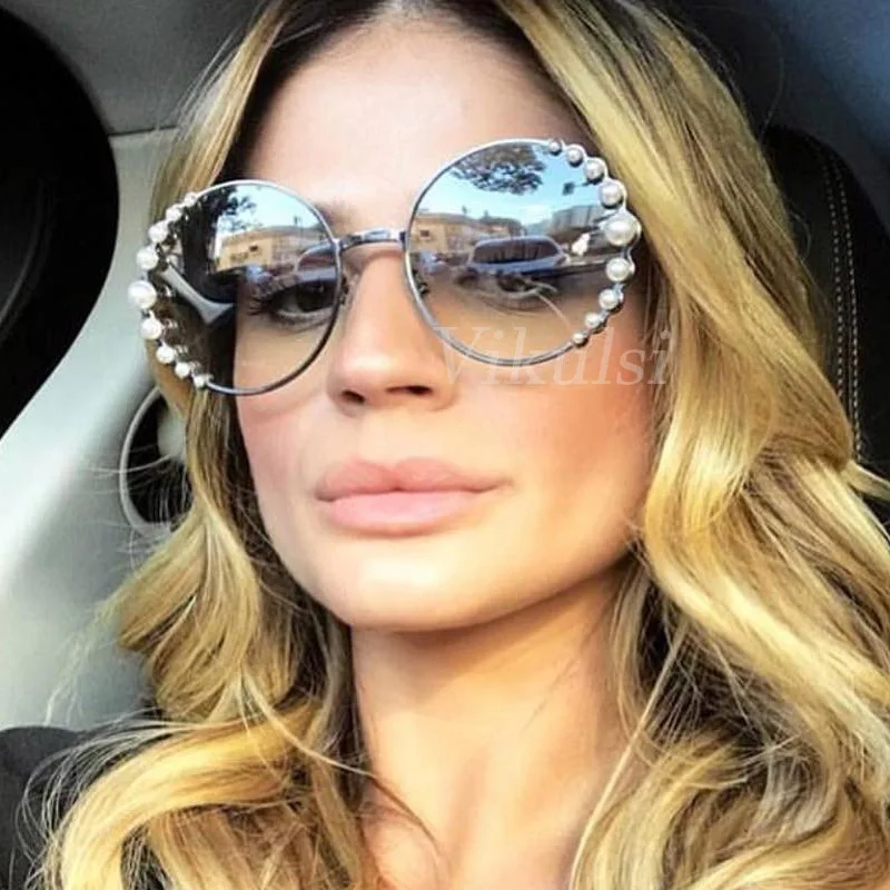 Luxury Beads Round Sunglasses Women Fashion Alloy Frame Brand Pearls Designer Sun Glasses For Female Brown Shades UV400 New