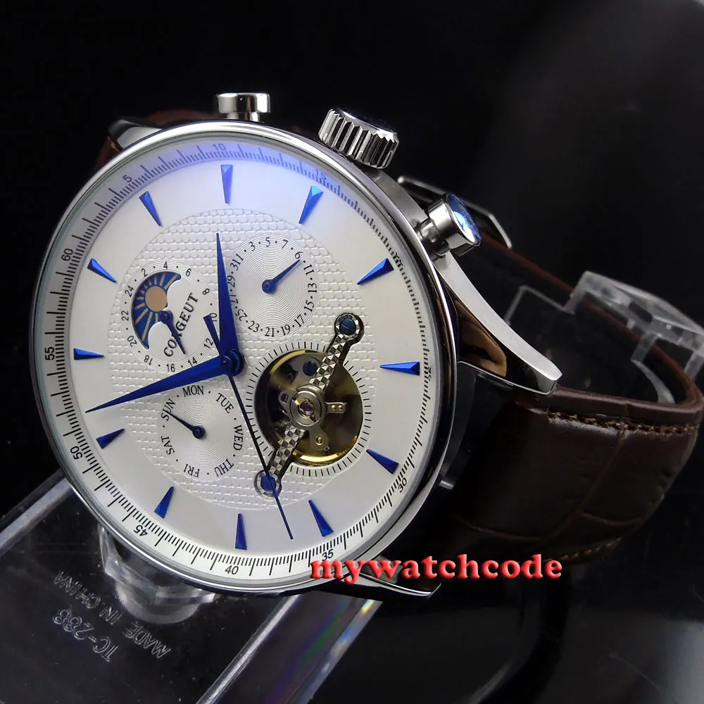 44 мм автоматические мужские наручные часы с белым циферблатом лунной фазой