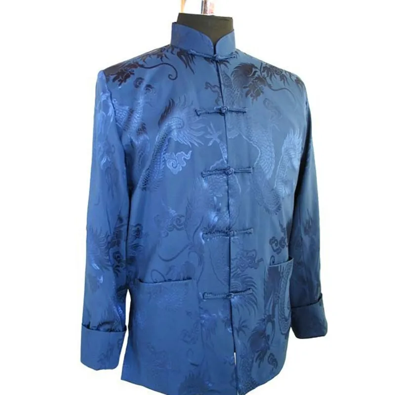 Бесплатная доставка темно синий китайский Мужской Шелковый атласный пиджак Тан