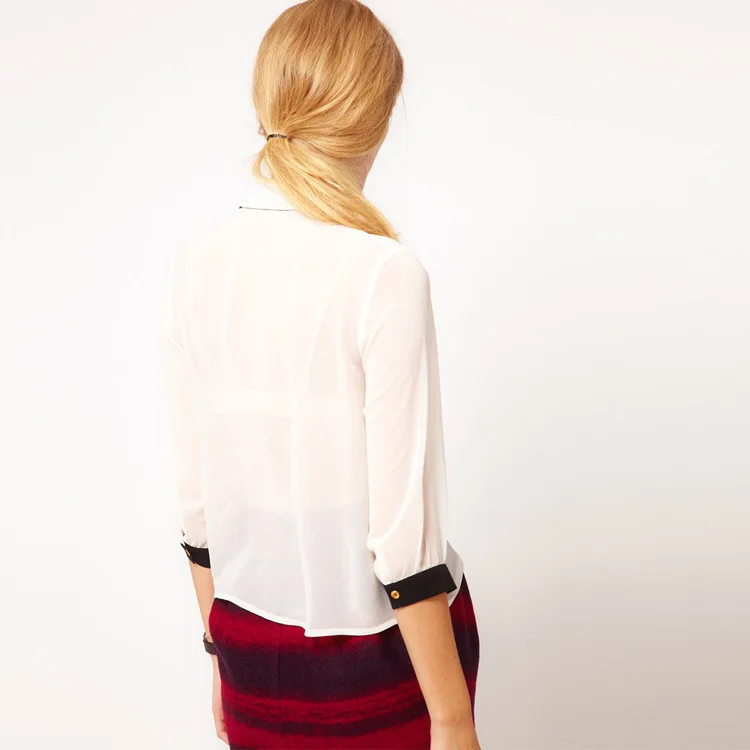 Autumn 2014 New High Street Fashion Blouse Three Quarter Sleeve Lapel Collar Chiffon Shirt for Women White Sale |