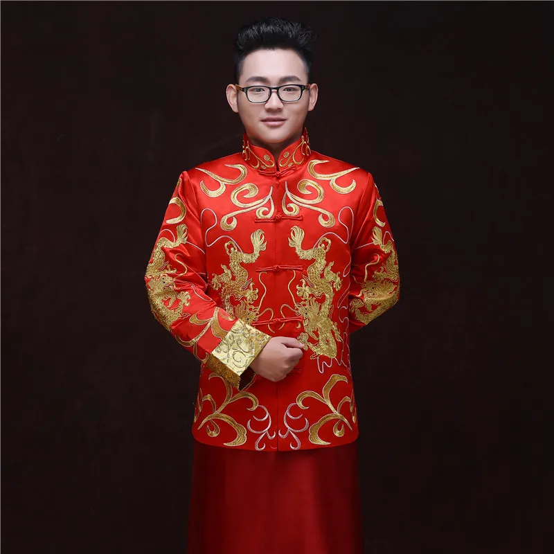 Костюмы для жениха свадьбы тостов мужской красный cheongsam китайский стиль платье