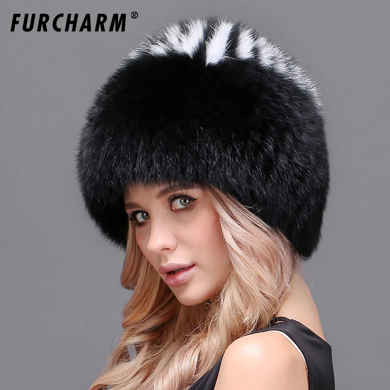 Женская шапка 100% натуральный мех лисы теплая вязаная с меховыми помпонами