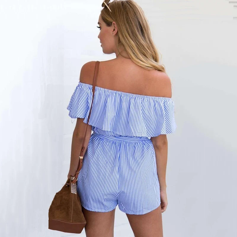 Сексуальные короткие штаны с открытыми плечами комбинезон оборками синие