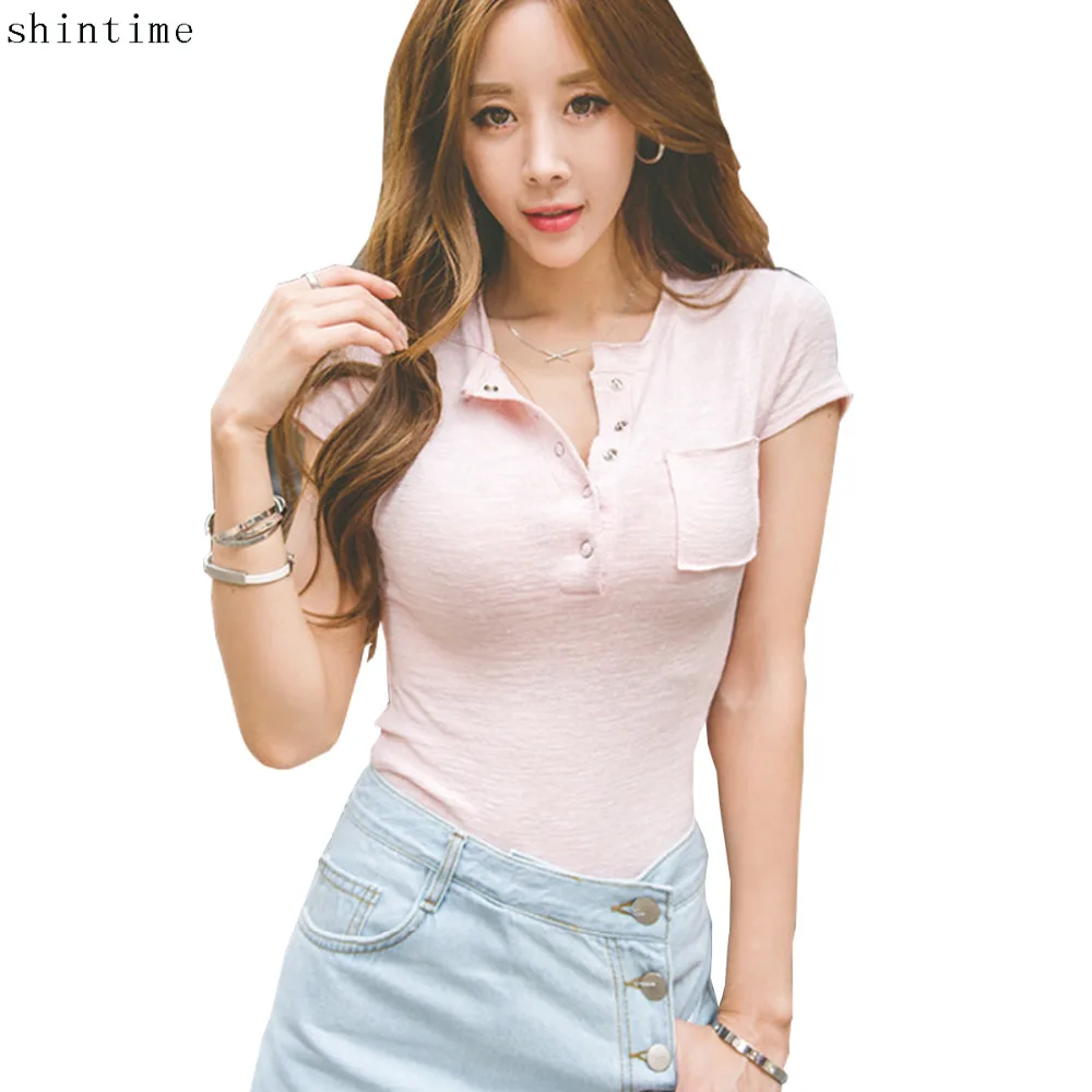 

Shintimes Korean T Shirt Femme 2018 Summer T-Shirt Women Sexy Cotton Short Sleeve Button Pockets Tshirt Casual Camiseta Mujer