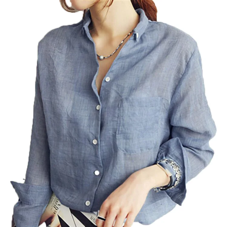 

2017 New Women Autumn Summer Casual Basic Cotton Linen Blouse Top Shirt Full Sleeve Work Wear OL Large Size