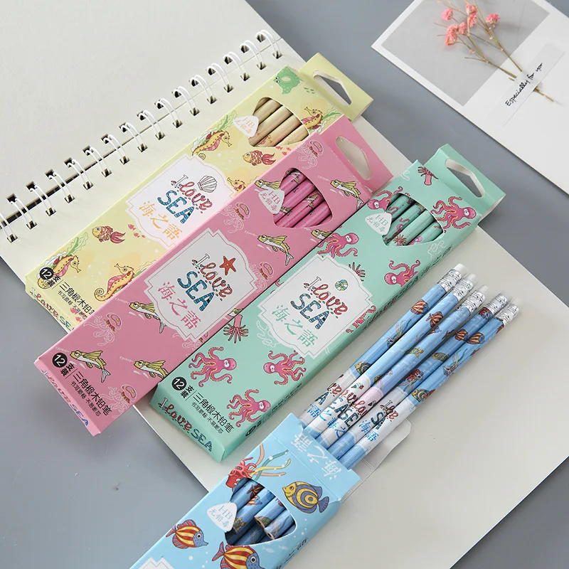 12PCS/Lot Brand Cartoon Pencil With Eraser Student Writing Stationery Set LiuJin 1687 |