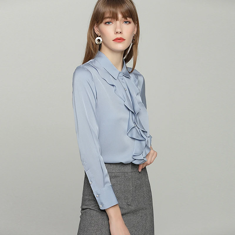 Женская блузка из 100% тяжелого шелка элегантный дизайн с оборками длинными