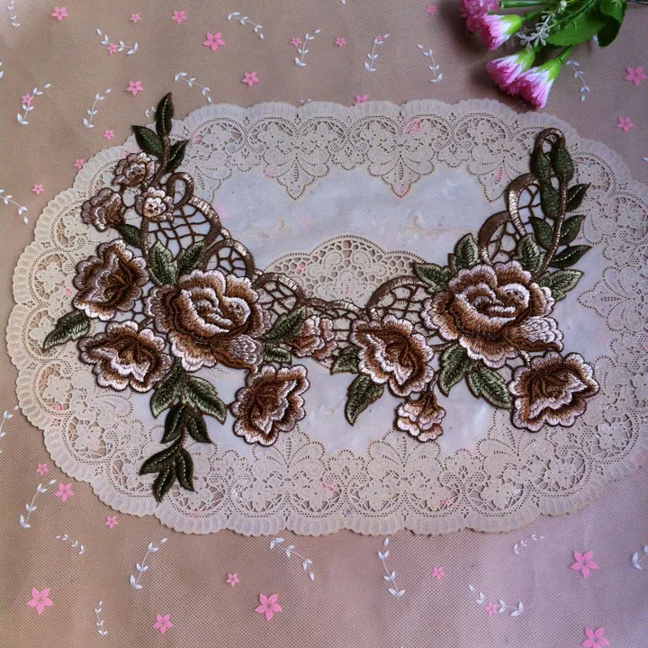 

10pcs Craft Polyester Venise Lace Patches brown Rose Embroidery Decorated Sewing Neckline Collar Applique Trims For Dress Cloth