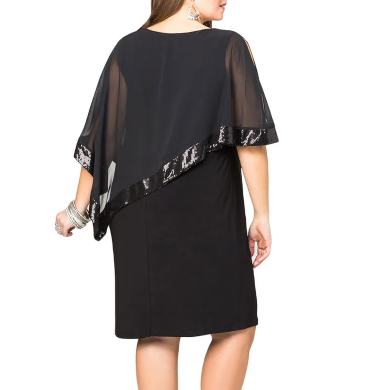 Сексуальная блестками наложения Capelet Dress 2019 О образным вырезом с коротким рукавом