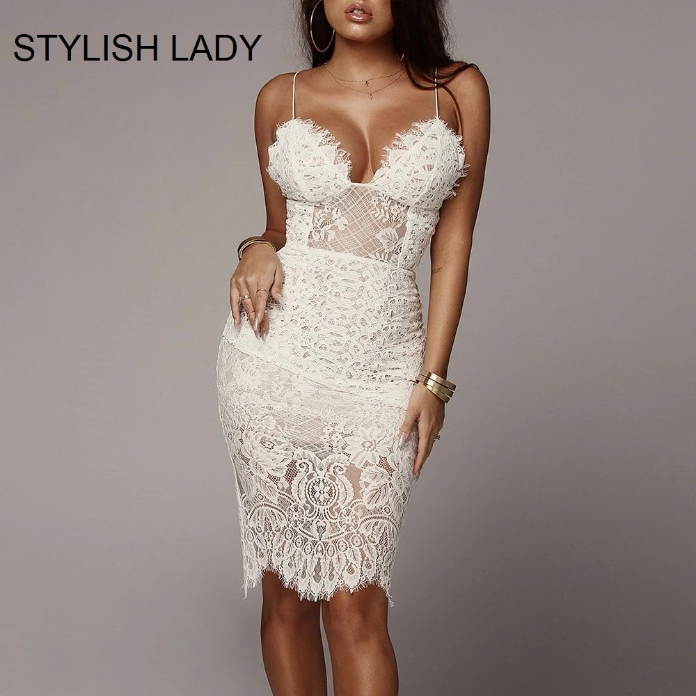 

STYLISH LADY Black White Lace Dress 2019 Summer Women Spgahetti Strap V Neck Backless Bodycon Hollow Out Club Party Midi Dress
