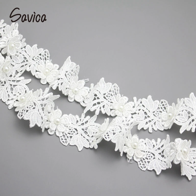 Savica 2y/lot 2cm Pearls Embroidery 3D Flowers Lace Dolls Dress Decor Applique Fabric White Trim Sewing DIY Materials LX191 | Дом и сад