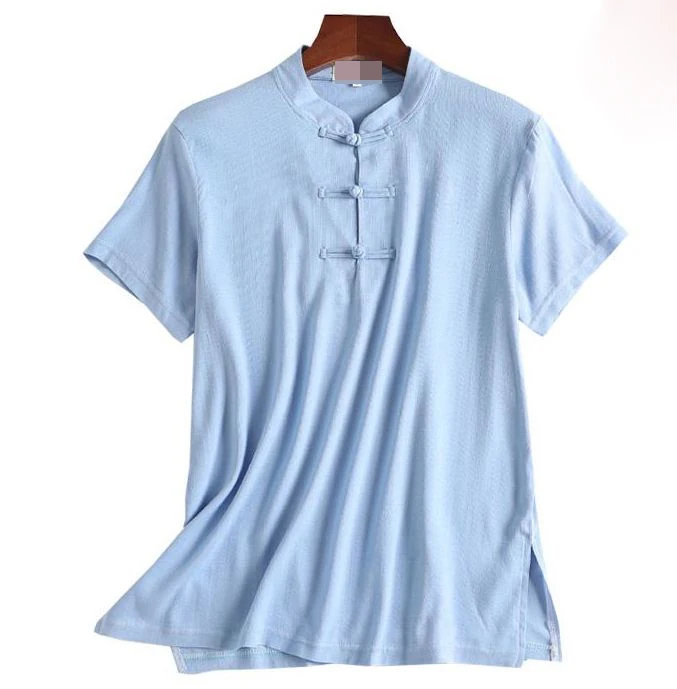 light blue Унисекс, летняя хлопковая одежда с коротким рукавом, тайцзи, тайцзицюань, униформа ушу, костюмы для кунг-фу, боевые искусства, рубашки, серый/розовый/синий - Цвет: light blue
