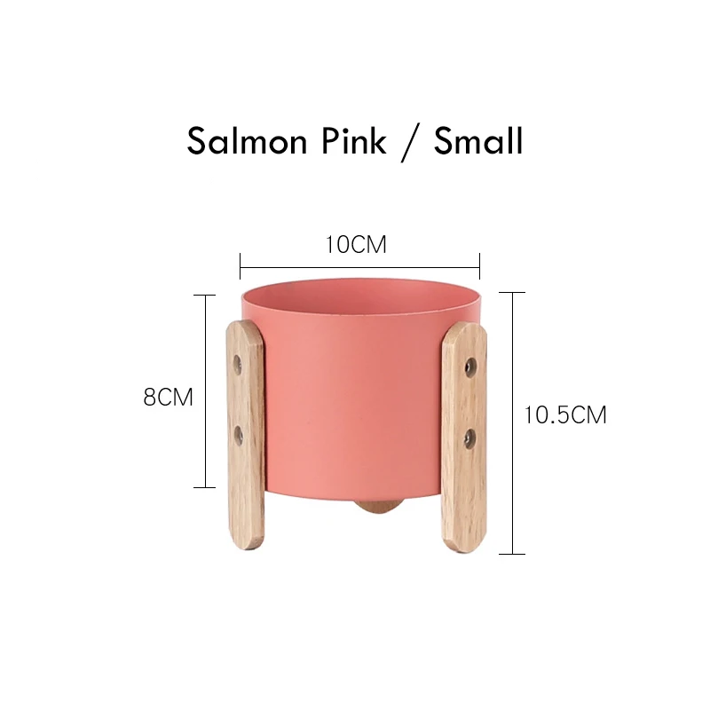 Salmon Pink S 1pc Macaron Color Flowerpot Iron Planter Pot with Wooden Stand Home Decor Craft Green Plant Pot with Hole - Цвет: Salmon Pink S
