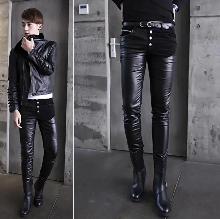 Autumn winter slim splice personality fashion motorcycle faux leather pants mens feet pants pu trousers for men velvet warm