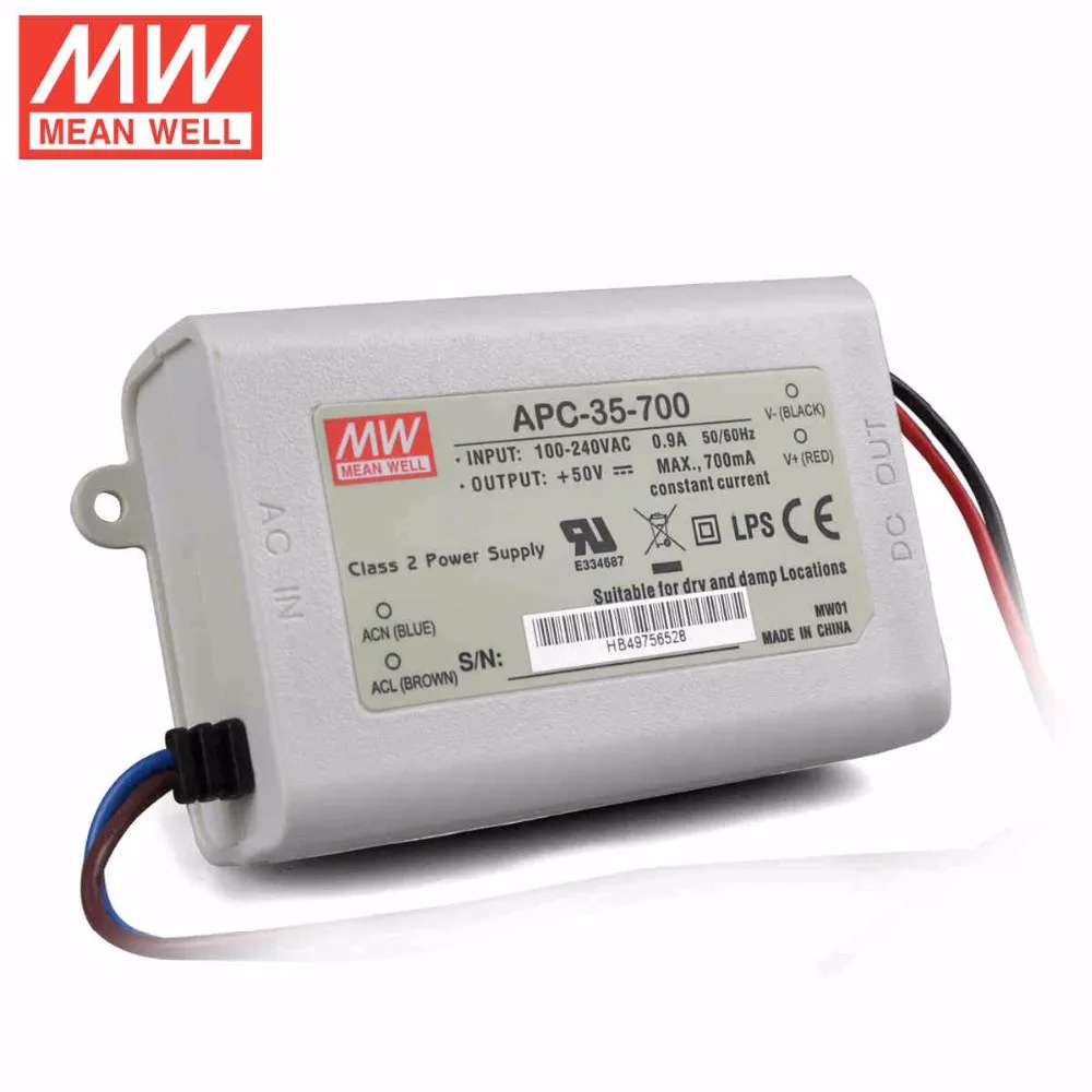 Mean Well APC-35-700 35W 15-50V 700mA светодиодный водонепроницаемый драйвер, одиночный выход импульсный источник питания