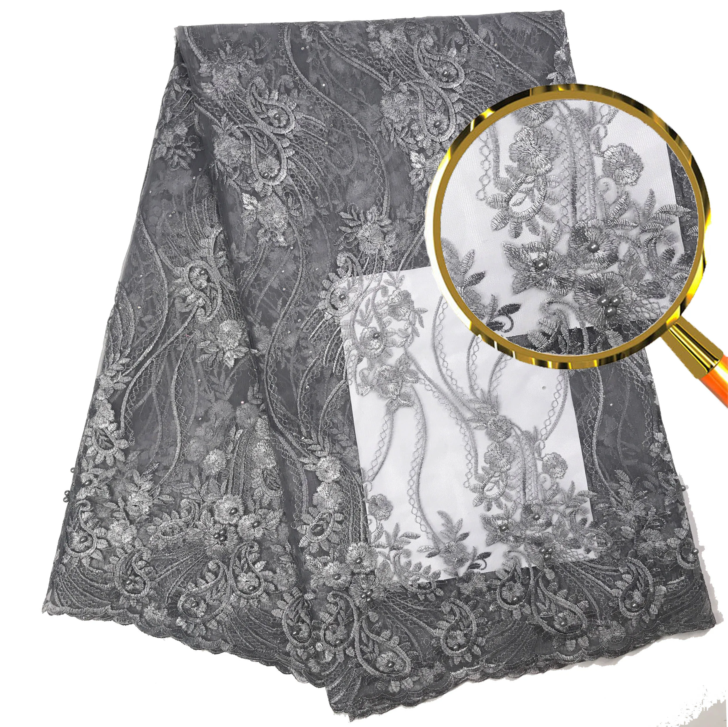 Кружевная кружевная ткань с бисером/камнями в африканском стиле цвет синий тюль