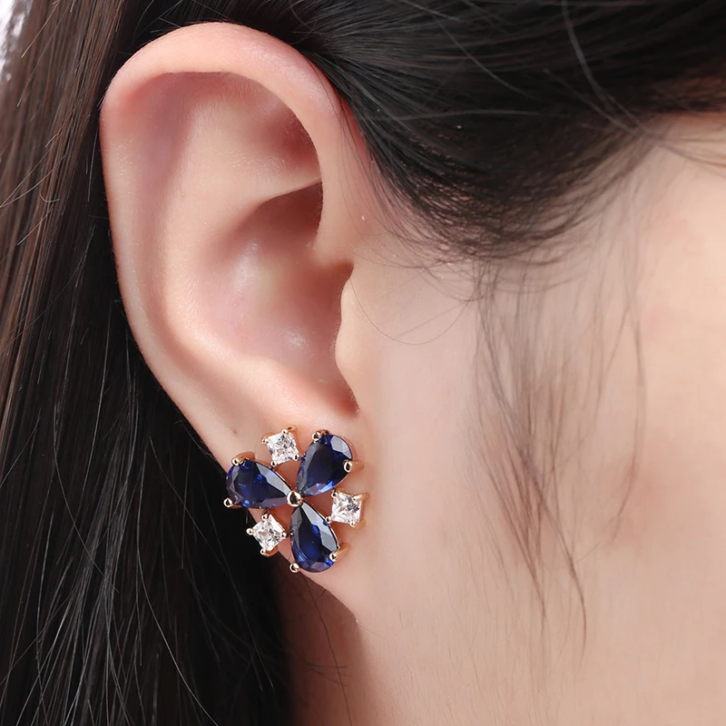 Женские Треугольные Серьги гвоздики С трехцветным клевером и голубым кубическим