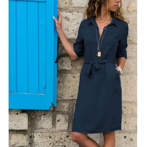 Женское платье-блузка длинное Повседневное платье с отложным воротником 2019 |