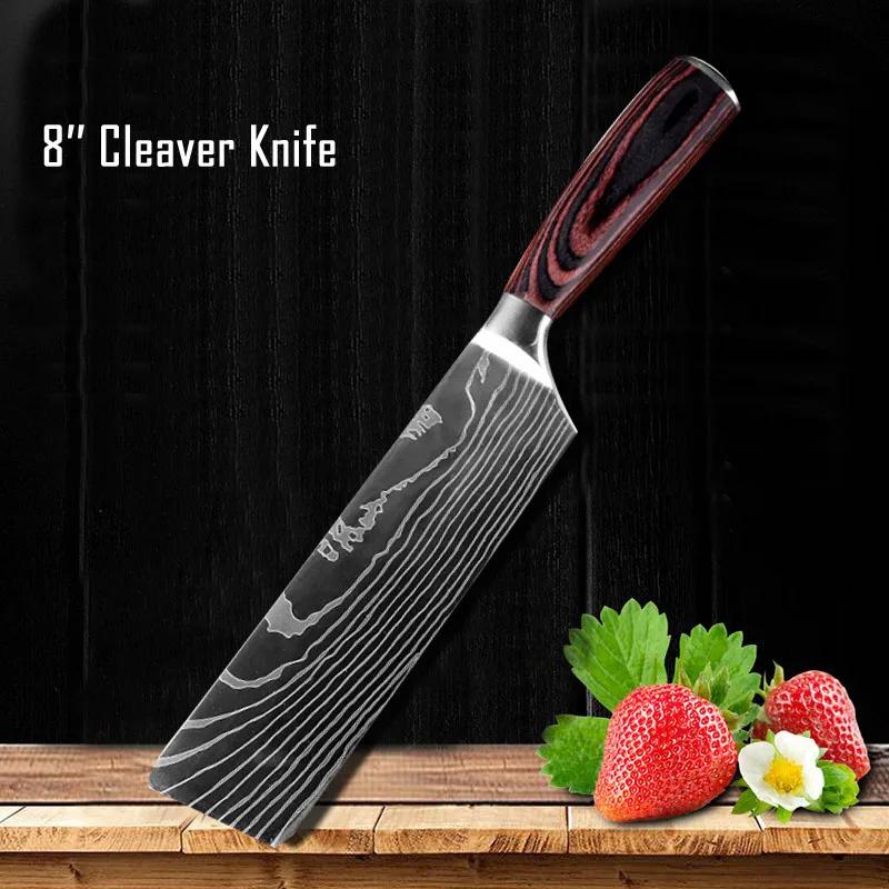 8 inch Cleaver Набор кухонных ножей лезвия из нержавеющей стали Дамасские лазерные наборы шеф-ножей Santoku инструменты для приготовления пищи Кухонные - Цвет: 8 inch Cleaver