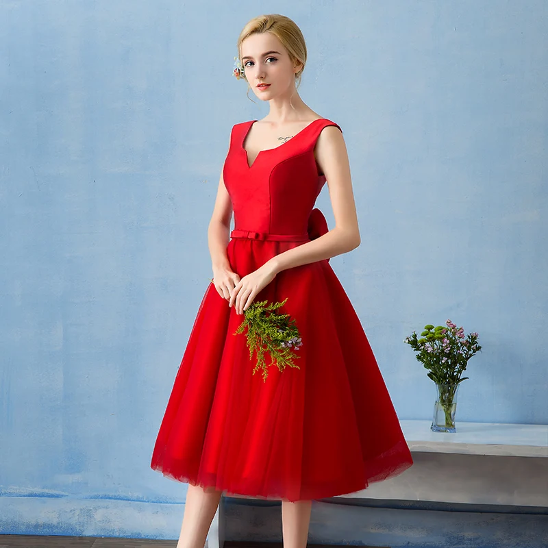 Новое поступление элегантное вечернее платье Vestido de Festa сатиновое платье трапециевидной формы с тюлевым бантом красные платья для выпускного короткое вечернее платье