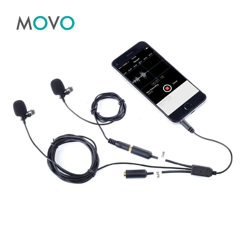 Movo PM20-S петличный микрофон с микрофоном для интервью со вспомогательным микрофоном и входом для мониторинга наушников для большинства смартфонов