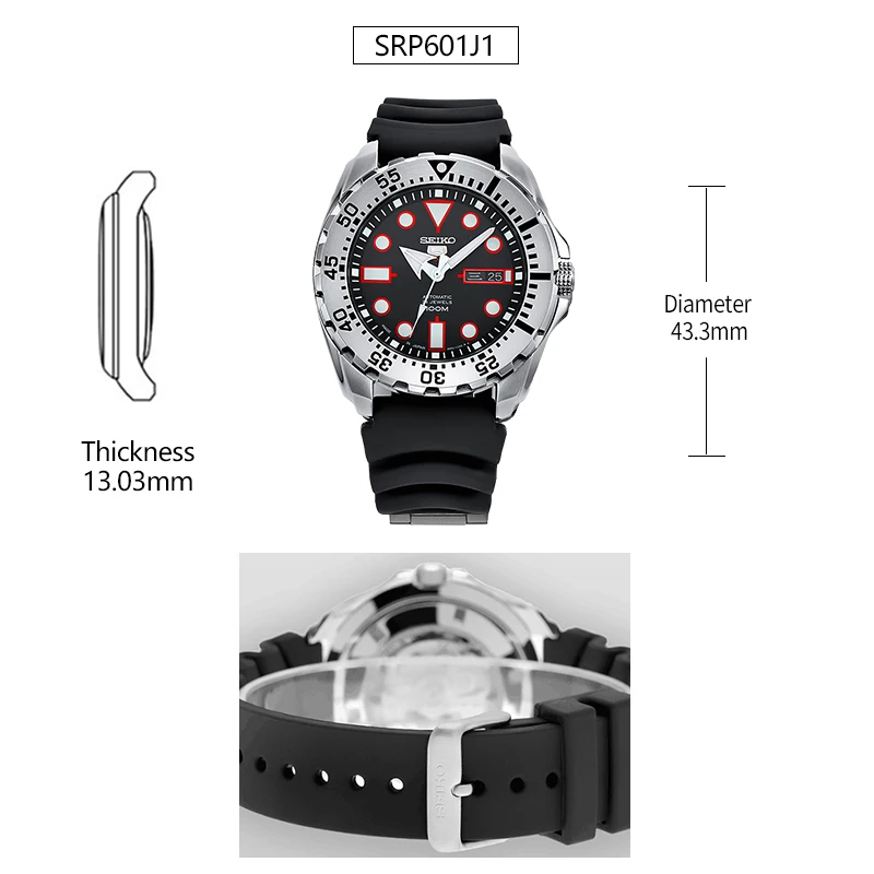 SRP601J1 Оригинальные автоматические механические мужские часы Seiko 5 из нержавеющей стали, 10 бар, водонепроницаемые спортивные часы для дайвинга, глобальная гарантия - Цвет: SRP601J1