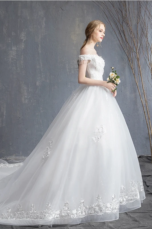 

iLoveWedding New Fashion Off the Shoulder Lace Applique Beaded Custom made Ball Gown Wedding Dresses