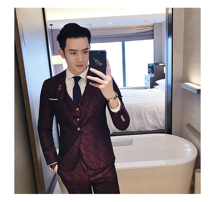 Смокинг Пейсли жаккардовый костюм роскошный бордовый костюм Mariage Homme мужские костюмы с брюками Винтажный Мужской костюм британский