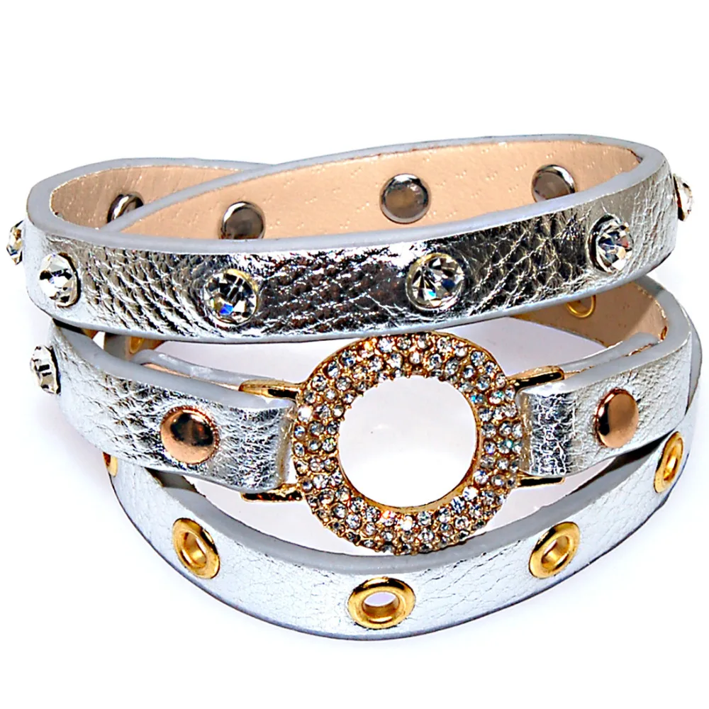 Браслеты с двойной кожаной окантовкой микро-закрепкой фианитами круглые